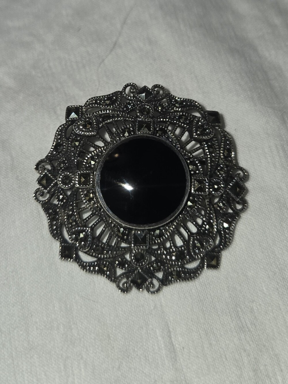 Vintage-Style Filigree Black Onyx Center Brooch Marked 925